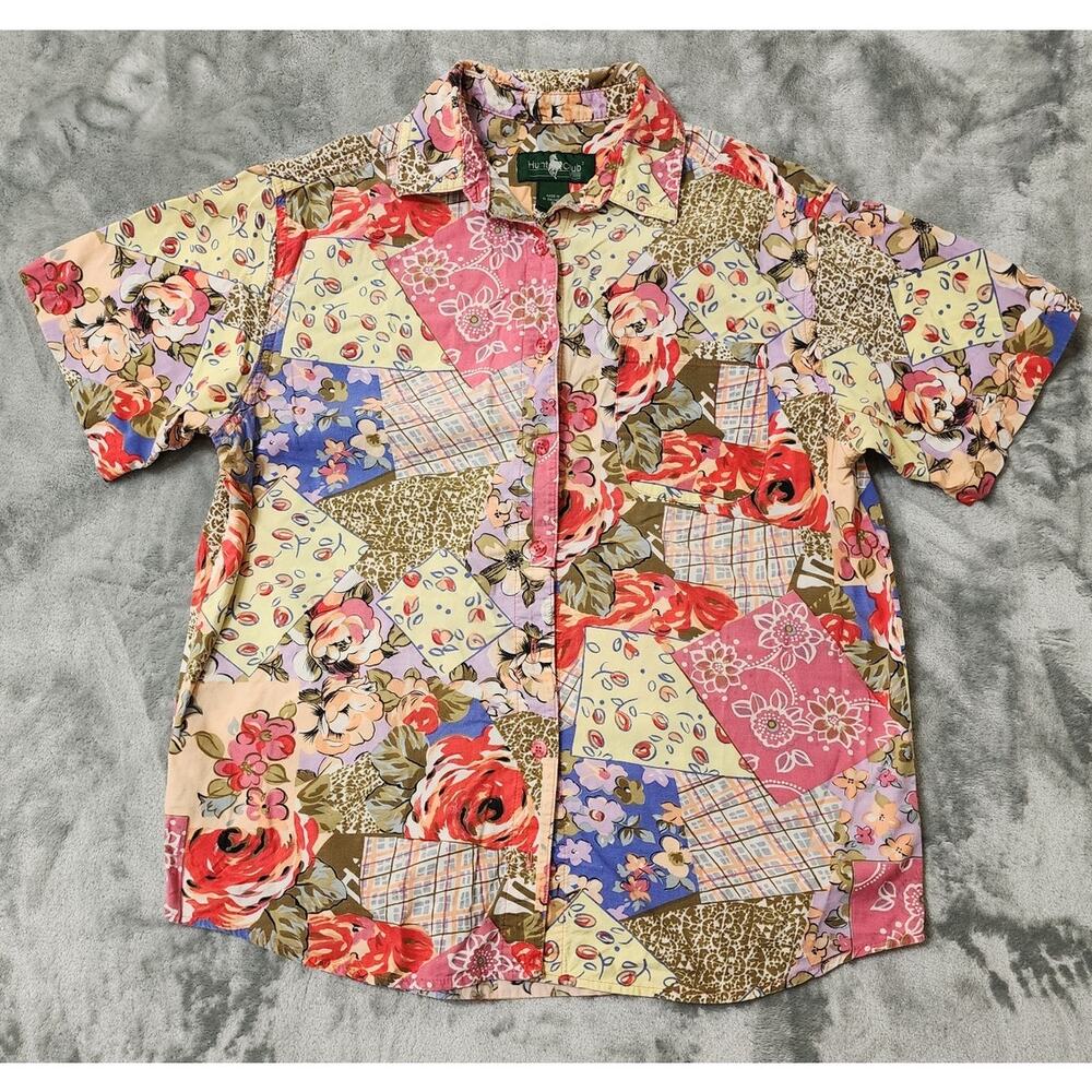 Vintage Hunt Club Top Womens S Multicolor Floral Patchwork‎ Short Sleeve Casual